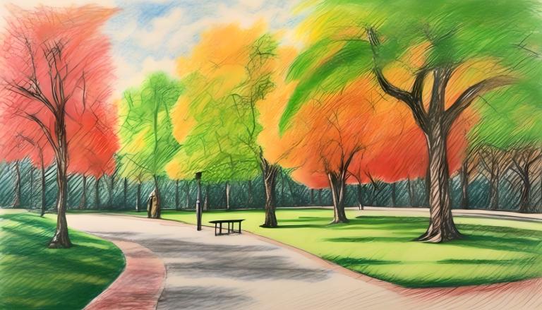 Crayon Drawing,Crayon Drawing, City, park, no humans, tree, outdoors, sky, scenery, day, cloud, grass, bench