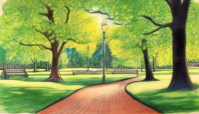 Crayon Drawing,Crayon Drawing, City, park, no humans, tree, lamppost, outdoors, scenery, road, park