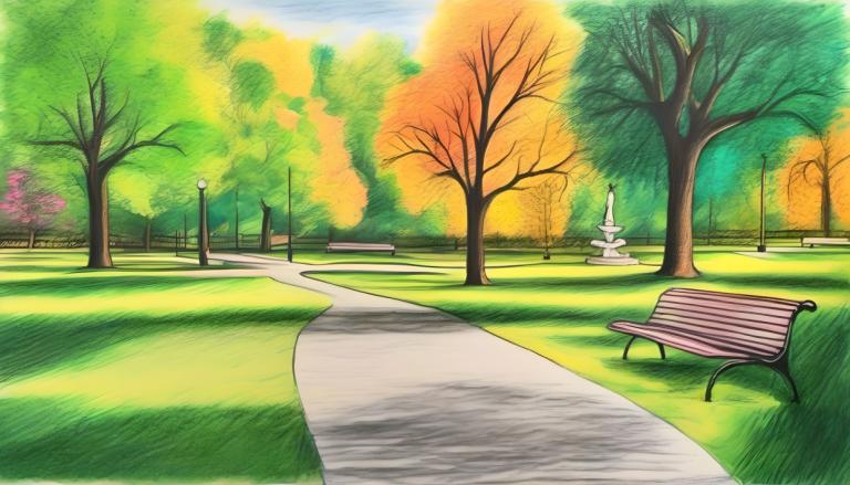 Crayon Drawing,Crayon Drawing, City, park, tree, no humans, bench, outdoors, park, lamppost, scenery, day