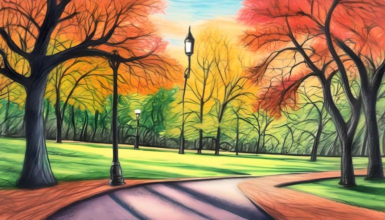 Crayon Drawing,Crayon Drawing, City, park, no humans, tree, scenery, lamppost, outdoors, road, autumn, sky