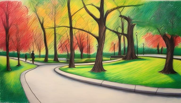 Crayon Drawing,Crayon Drawing, City, park, tree, no humans, outdoors, traditional media, grass, scenery, park