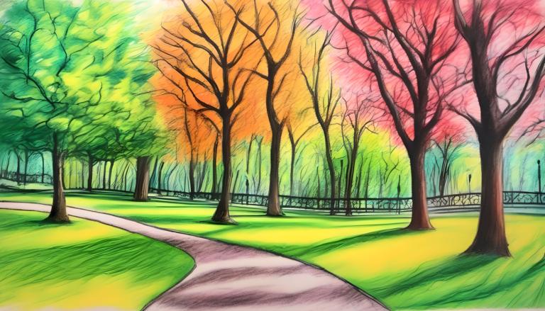 Crayon Drawing,Crayon Drawing, City, park, no humans, tree, outdoors, scenery, road, grass, day, autumn, path