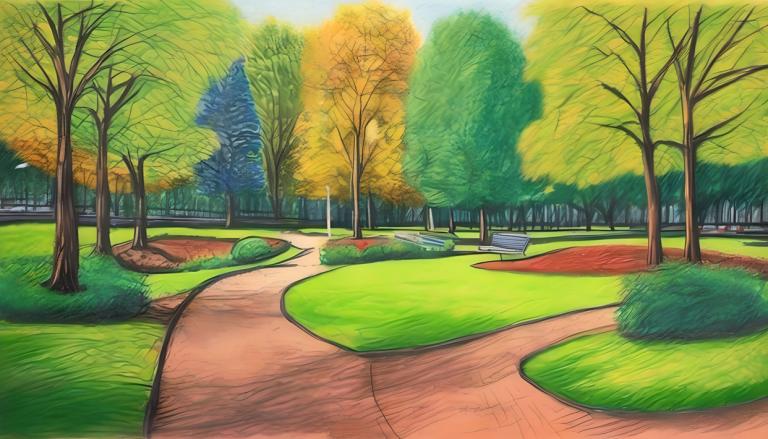 Crayon Drawing,Crayon Drawing, City, park, no humans, tree, outdoors, scenery, grass, road, day, bush, path