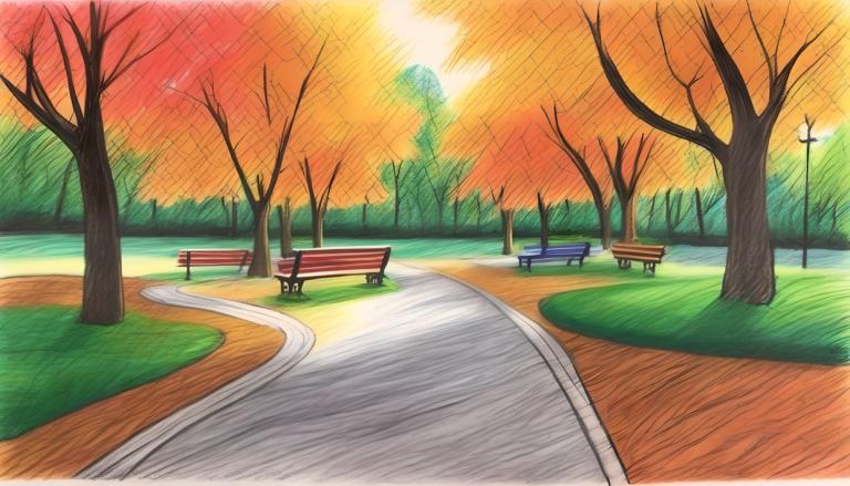 Crayon Drawing,Crayon Drawing, City, park, bench, no humans, tree, park, lamppost, outdoors, park bench