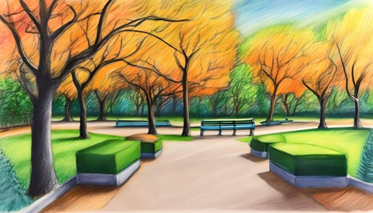 Crayon Drawing,Crayon Drawing, City, park, no humans, tree, outdoors, bench, scenery, sky, day, autumn