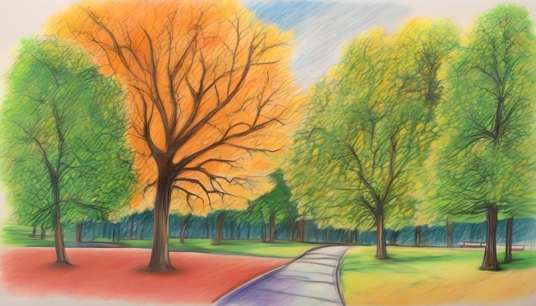 Crayon Drawing,Crayon Drawing, City, park, no humans, tree, outdoors, scenery, traditional media, sky, day