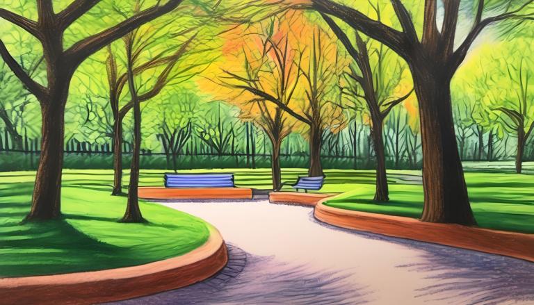 Crayon Drawing,Crayon Drawing, City, park, no humans, tree, outdoors, bench, scenery, traditional media, park