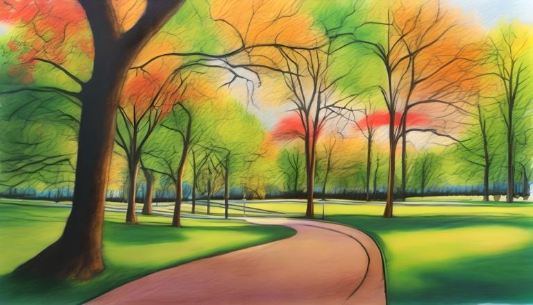 Crayon Drawing,Crayon Drawing, City, park, tree, outdoors, autumn, no humans, autumn leaves, day, scenery