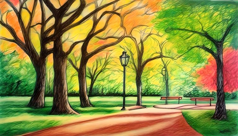 Crayon Drawing,Crayon Drawing, City, park, no humans, tree, lamppost, outdoors, scenery, road, park