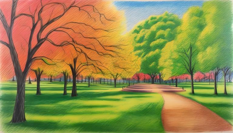 Crayon Drawing,Crayon Drawing, City, park, no humans, tree, outdoors, sky, scenery, grass, day, road