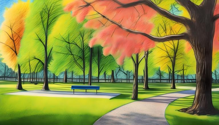 Crayon Drawing,Crayon Drawing, City, park, no humans, tree, outdoors, scenery, day, traditional media, sky