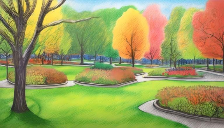 Crayon Drawing,Crayon Drawing, City, park, no humans, tree, outdoors, scenery, sky, day, grass, blue sky