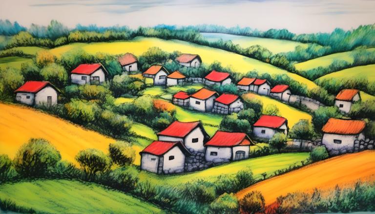 Crayon Drawing,Crayon Drawing, Village, village, no humans, outdoors, grass, day, scenery, house, sky