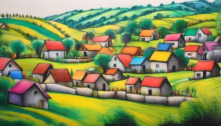 Crayon Drawing,Crayon Drawing, Village, village, outdoors, no humans, grass, day, tree, traditional media