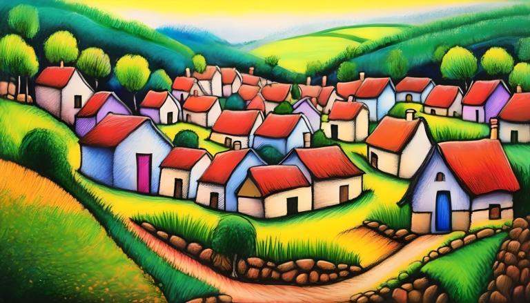 Crayon Drawing,Crayon Drawing, Village, village, no humans, outdoors, grass, day, tree, sky, house, scenery