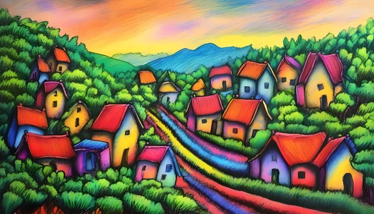 Crayon Drawing,Crayon Drawing, Village, village, no humans, rainbow, scenery, outdoors, tree, sky, cloud