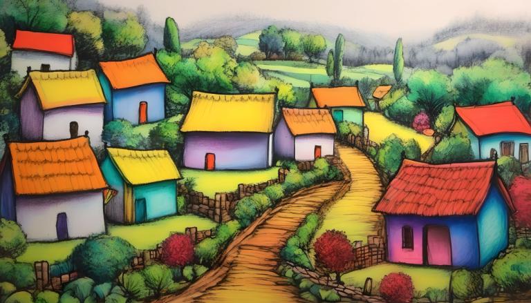 Crayon Drawing,Crayon Drawing, Village, village, no humans, tree, outdoors, bush, house, nature, day