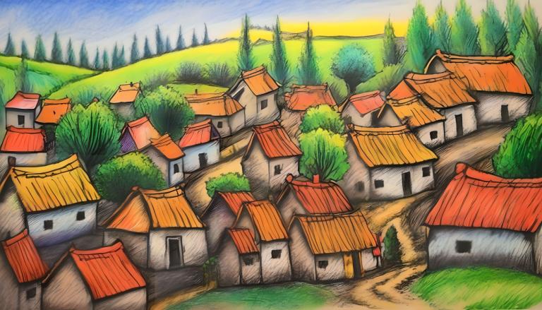 Crayon Drawing,Crayon Drawing, Village, village, no humans, outdoors, sky, tree, day, traditional media