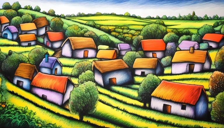 Dessin au crayon,Dessin au crayon, Village, village, pas d'humains, en plein air, jour, herbe, ciel