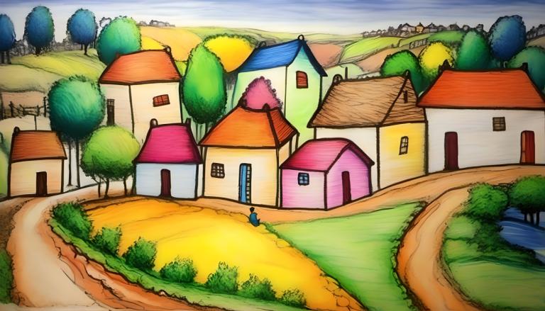 Crayon Drawing,Crayon Drawing, Village, village, no humans, tree, outdoors, house, day, sky, grass, blue sky