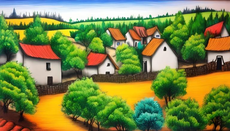 Crayon Drawing,Crayon Drawing, Village, village, no humans, tree, outdoors, sky, day, blue sky, house