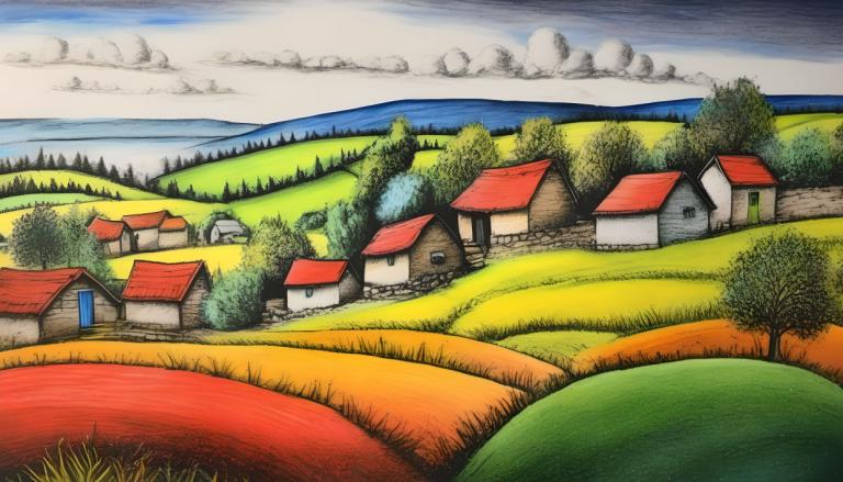 Crayon Drawing,Crayon Drawing, Village, village, no humans, cloud, sky, outdoors, day, grass, house, blue sky