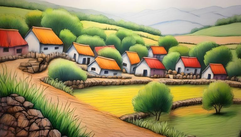 Crayon Drawing,Crayon Drawing, Village, village, no humans, outdoors, grass, day, tree, house, scenery