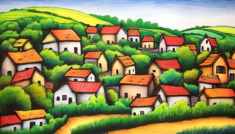 Crayon Drawing,Crayon Drawing, Village, village, no humans, outdoors, day, grass, sky, house, tree, blue sky