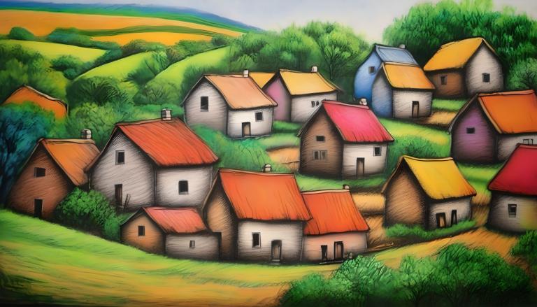 Crayon Drawing,Crayon Drawing, Village, village, no humans, outdoors, grass, day, house, tree, bush