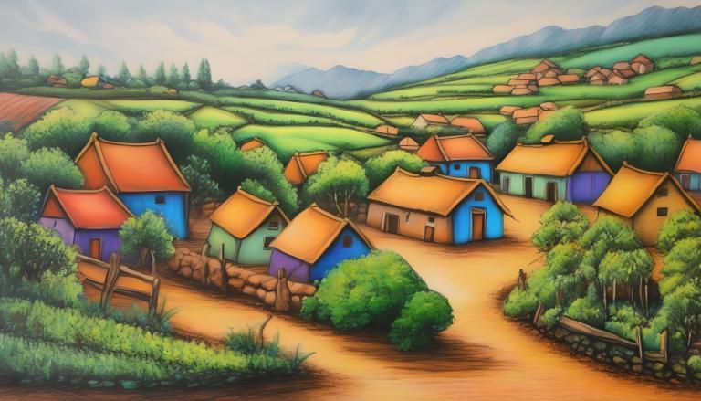 Crayon Drawing,Crayon Drawing, Village, village, no humans, outdoors, house, scenery, tree, sky, day, grass