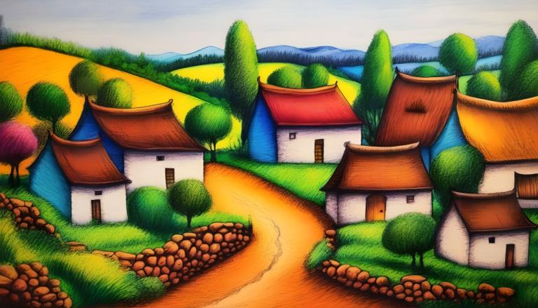 Crayon Drawing,Crayon Drawing, Village, village, no humans, outdoors, house, grass, tree, day, sky, cloud