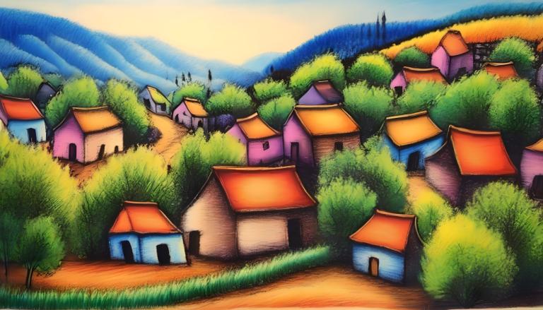 Crayon Drawing,Crayon Drawing, Village, village, no humans, outdoors, house, grass, tree, sky, day, mountain