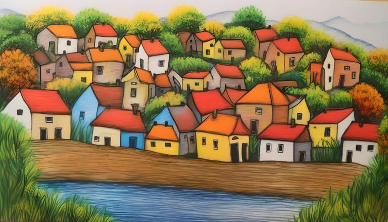 Crayon Drawing,Crayon Drawing, Village, village, no humans, outdoors, tree, water, river, grass, lake, day