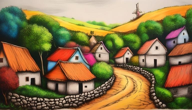 Crayon Drawing,Crayon Drawing, Village, village, no humans, tree, house, outdoors, bush, scenery, day, grass