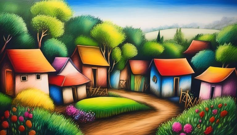 Crayon Drawing,Crayon Drawing, Village, village, no humans, tree, house, sky, flower, outdoors, day, grass