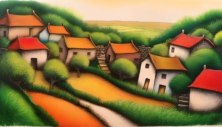 Crayon Drawing,Crayon Drawing, Village, village, no humans, outdoors, house, grass, tree, scenery, road