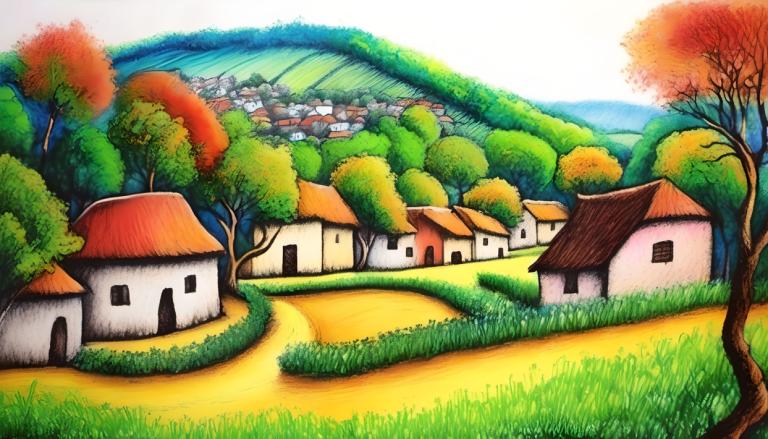 Crayon Drawing,Crayon Drawing, Village, village, no humans, tree, outdoors, grass, day, house, sky, blue sky