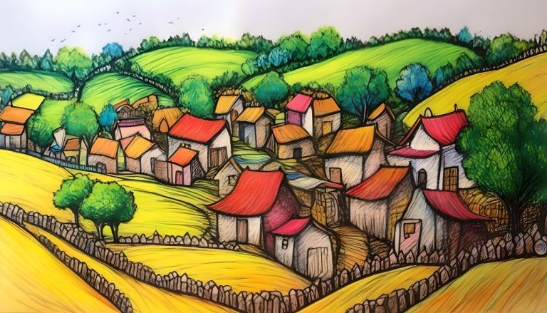 Crayon Drawing,Crayon Drawing, Village, village, tree, no humans, outdoors, scenery, house, day