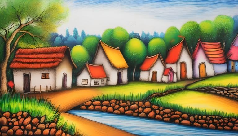 Crayon Drawing,Crayon Drawing, Village, village, no humans, tree, outdoors, day, grass, house, sky, blue sky