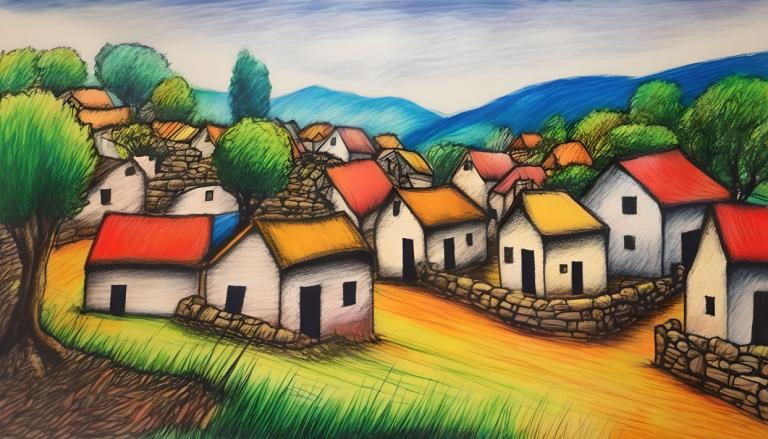 Crayon Drawing,Crayon Drawing, Village, village, no humans, outdoors, tree, grass, day, sky, house, cloud