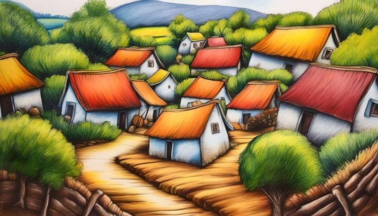 Crayon Drawing,Crayon Drawing, Village, village, no humans, outdoors, tree, house, day, pokemon (creature)