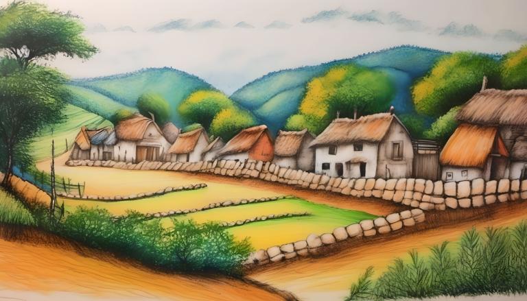 Crayon Drawing,Crayon Drawing, Village, village, no humans, outdoors, grass, tree, sky, day, cloud, house