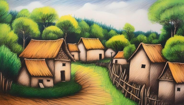 Crayon Drawing,Crayon Drawing, Village, village, no humans, tree, outdoors, cloud, sky, day, house, grass