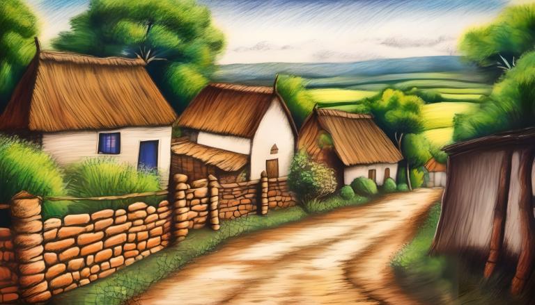 Crayon Drawing,Crayon Drawing, Village, village, no humans, house, outdoors, tree, scenery, sky, grass, day