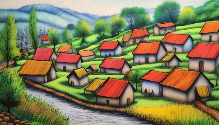 Crayon Drawing,Crayon Drawing, Village, village, outdoors, grass, day, tree, no humans, traditional media