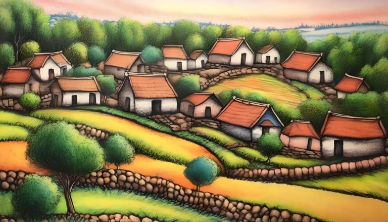 Crayon Drawing,Crayon Drawing, Village, village, no humans, tree, outdoors, grass, house, sky, scenery, cloud