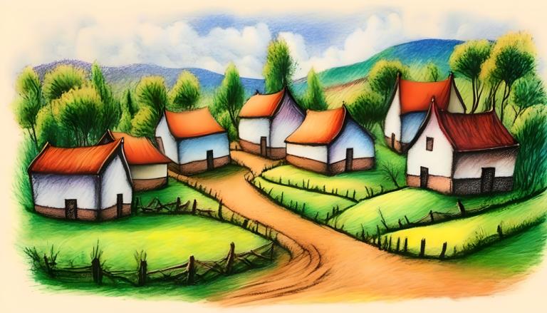 Crayon Drawing,Crayon Drawing, Village, village, no humans, outdoors, grass, day, sky, cloud, tree, blue sky