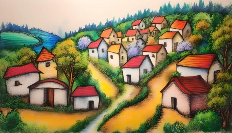 Crayon Drawing,Crayon Drawing, Village, village, no humans, tree, outdoors, water, river, house, day, grass