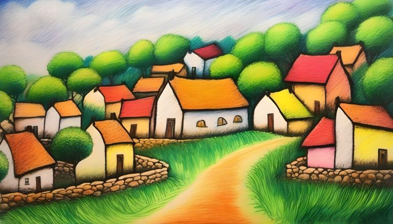 Crayon Drawing,Crayon Drawing, Village, village, no humans, outdoors, day, cloud, grass, sky, tree, blue sky