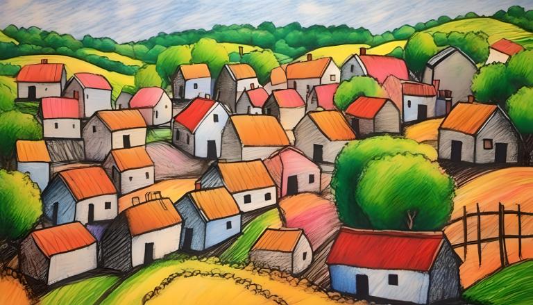 Crayon Drawing,Crayon Drawing, Village, village, no humans, outdoors, day, tree, sky, blue sky, cloud, grass